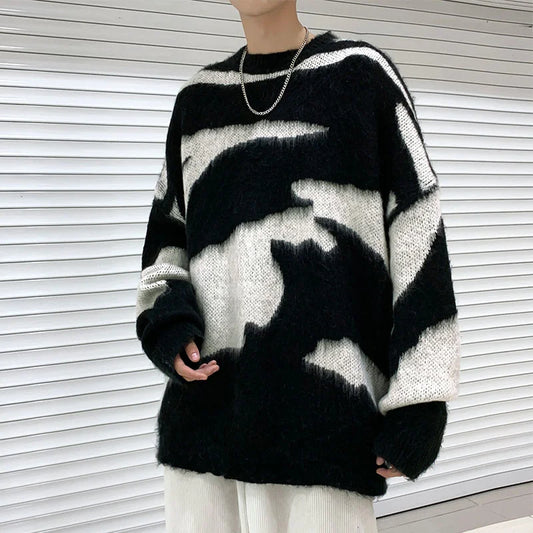 Men Sweater Black White Block Jacquard Streetwear