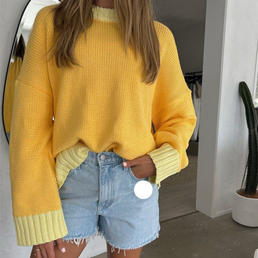 Popular Contrast Color Bright Loose Long Sleeve Pullover Sweater
