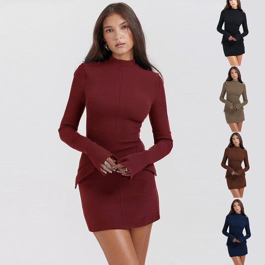 Fashion Long Sleeve Dress With Two Pockets Slim Bodycon Hip Short Dress For Women